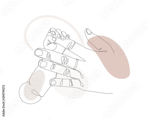 One line drawing Mother care in continuous line drawing design style. Parental concept vector illustration. Continuous line art Baby holding little finger of adult hands together