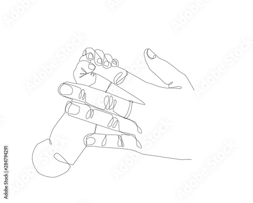 One line drawing Mother care in continuous line drawing design style. Parental concept vector illustration. Continuous line art Baby holding little finger of adult hands together
