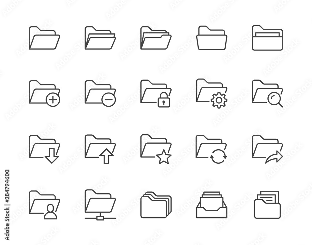 Folders flat line icons set. File catalog, document search, folder synchronization, local network vector illustrations. Outline minimal signs for web site. Pixel perfect 64x64. Editable Strokes - obrazy, fototapety, plakaty 