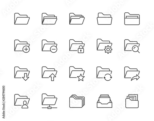 Folders flat line icons set. File catalog, document search, folder synchronization, local network vector illustrations. Outline minimal signs for web site. Pixel perfect 64x64. Editable Strokes photo