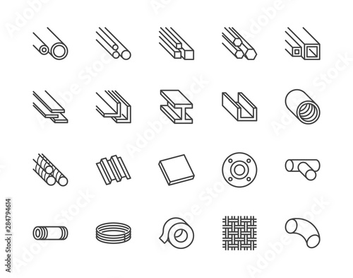 Stainless steel flat line icons set. Metal sheet, coil, strip, pipe, armature vector illustrations. Outline signs for metallurgy products, construction industry. Pixel perfect 64x64. Editable Strokes