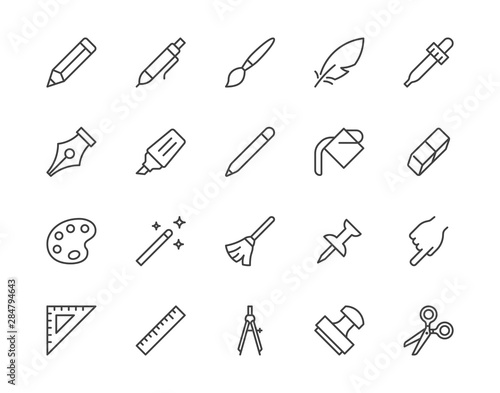 Drawing tools flat line icons set. Pen, pencil, paintbrush, dropper, stamp, smudge, paint bucket, vector illustrations. Outline minimal signs for web interface. Pixel perfect 64x64. Editable Strokes