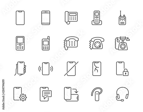 Phone flat line icons set. Smartphone, landline telephone, portable device, walkie talkie, broken display vector illustrations. Outline signs technology store. Pixel perfect 64x64. Editable Strokes photo