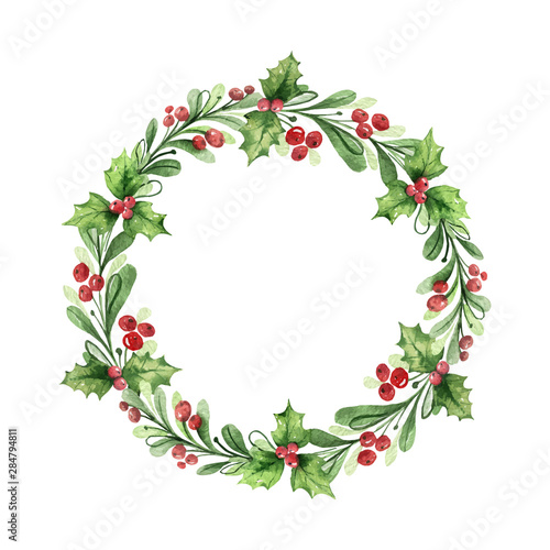 Watercolor vector Christmas wreath with green branches and red berries.