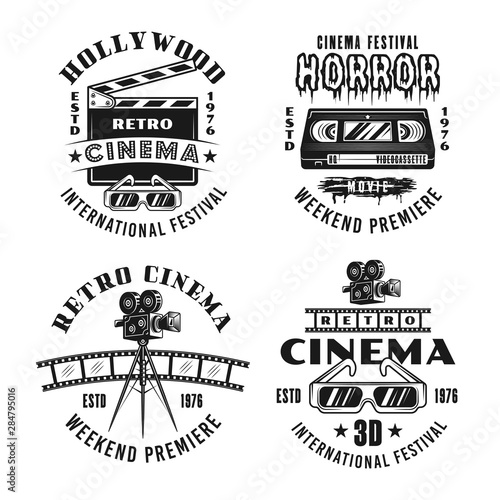 Retro movies and cinema set of four vector emblems