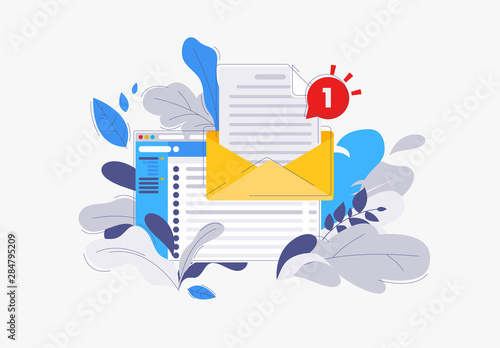 Vector illustration of a mail client in the browser, the icon of the envelope with an attached text document, the concept of e-mail, in the flower leaves