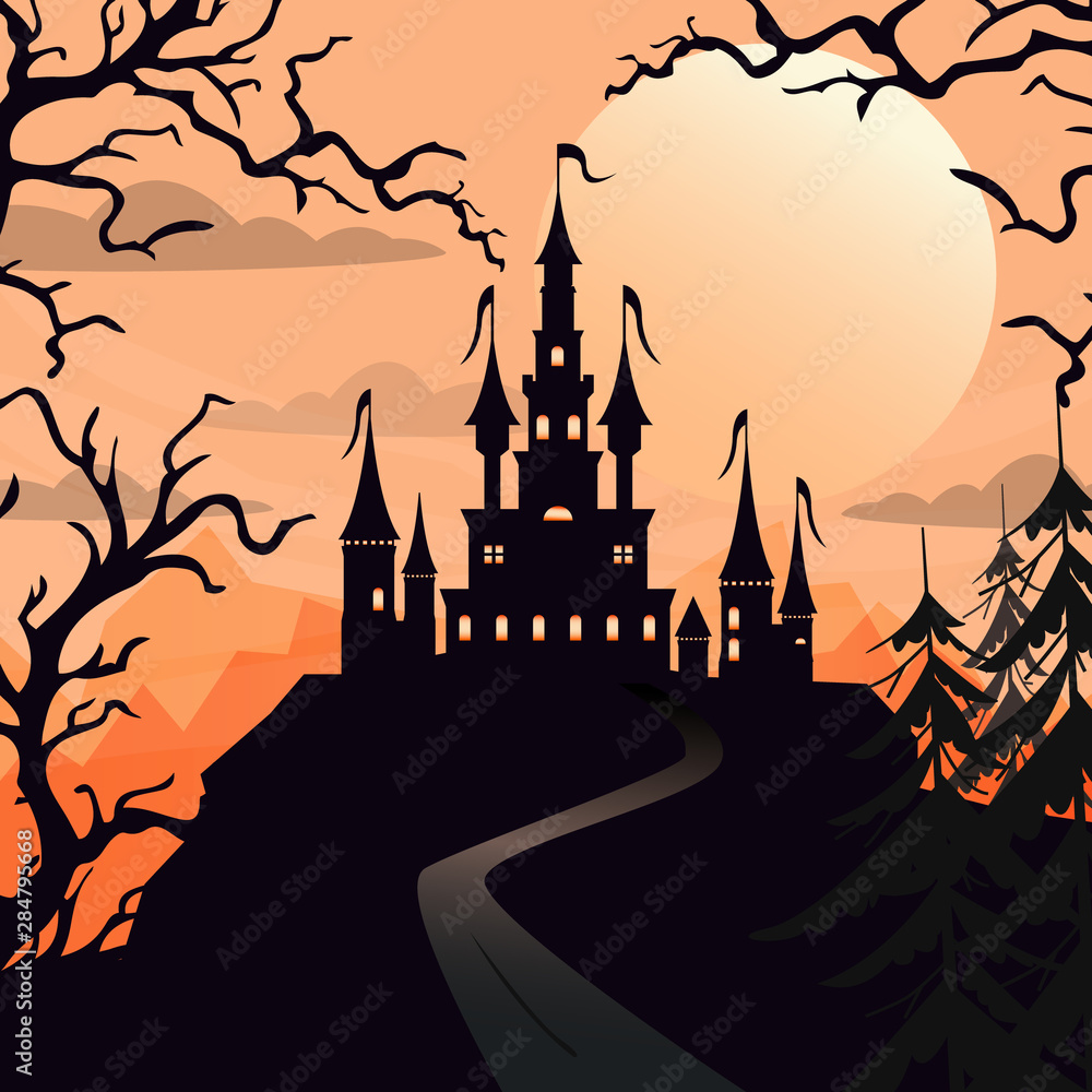 Happy Halloween background with dead trees and Dracula castle under the moonlight.. Vector stock illustration, EPS 10.