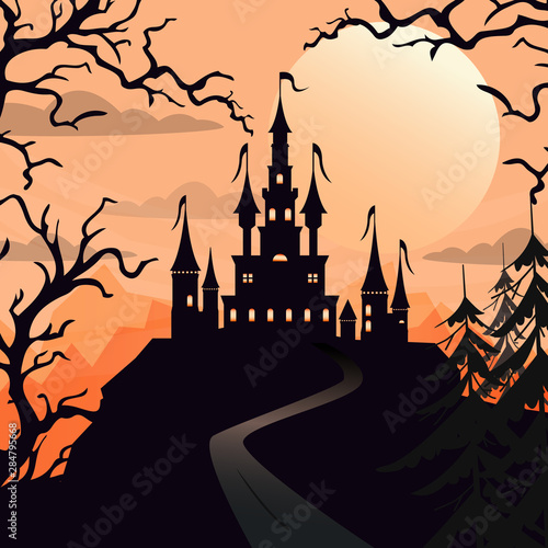Happy Halloween background with dead trees and Dracula castle under the moonlight.. Vector stock illustration  EPS 10.