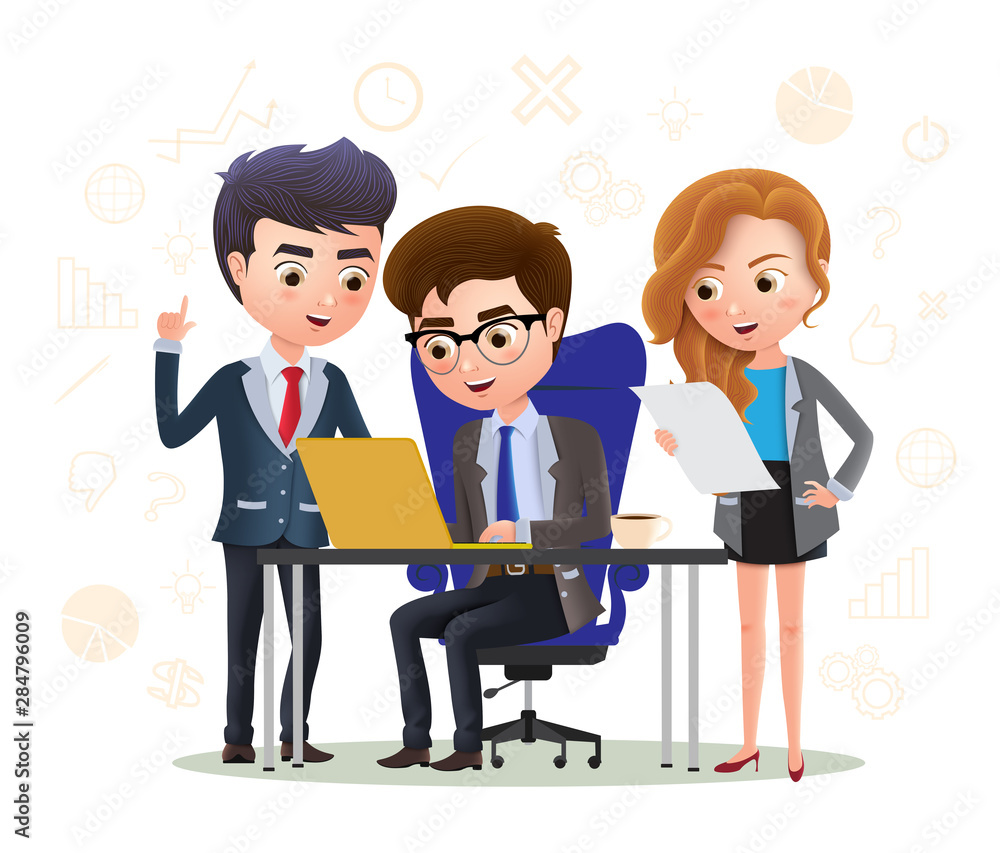 Business character employee office idea vector concept. Business character employee brainstorming ideas for business project. Vector illustration. Business character employee office idea vector concept. Business character employee brainstorming ideas for business project. Vector illustration.