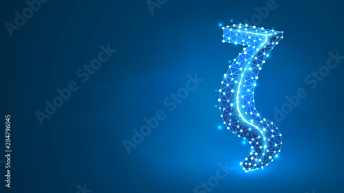 Zeta, the letter of a Greek alphabet. Greek numerals, mathematical number seven concept. Abstract, digital, wireframe, low poly mesh, vector blue neon 3d illustration. Triangle, line, dot