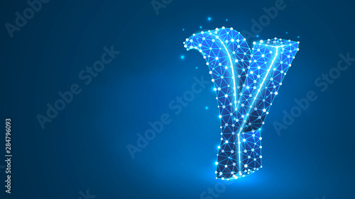 Gamma, the third letter of a Greek alphabet. Greek numerals, mathematical number three concept. Abstract, digital, wireframe, low poly mesh, Raster blue neon 3d illustration. Triangle, line dot