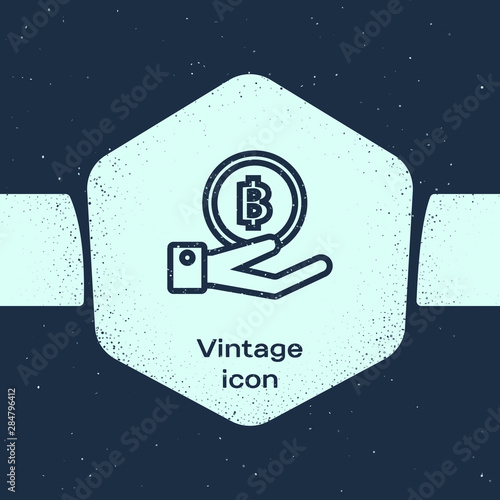 Grunge line Hand holding Bitcoin icon isolated on blue background. Blockchain technology, digital money market, cryptocoin wallet. Monochrome vintage drawing. Vector Illustration