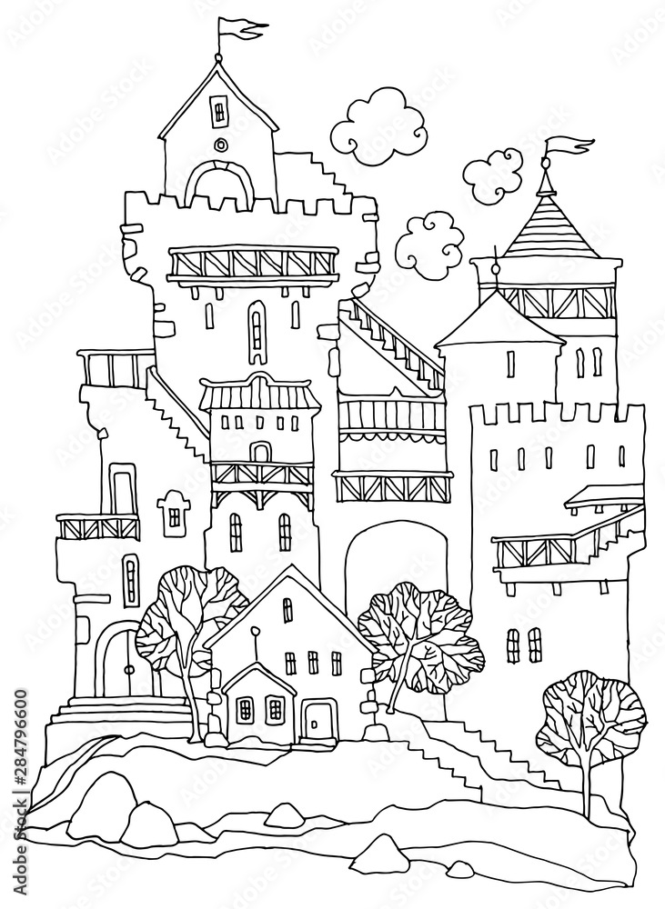 Castle with towers hand-drawn