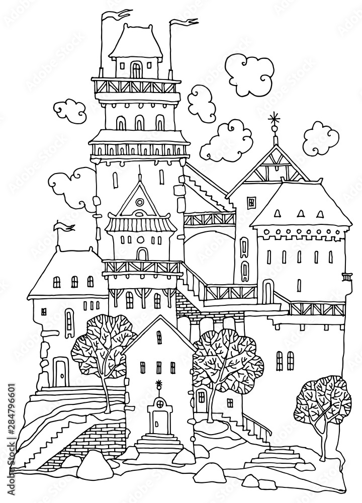 Castle with towers hand-drawn
