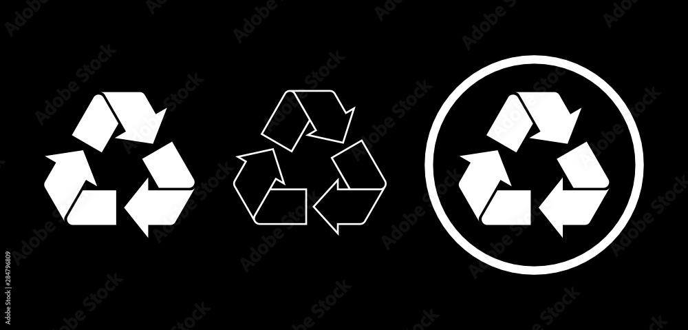 Set of three white recycle signs on black background. Different white recycle icons with full color, outline, and encircled. Combinations of white recycle symbol. Vector illustration, flat, clip art. Set of three white recycle signs on black background. Different white recycle icons with full color, outline, and encircled. Combinations of white recycle symbol. Vector illustration, flat, clip art.