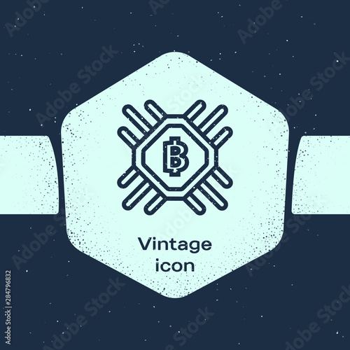 Grunge line CPU mining farm icon isolated on blue background. Bitcoin sign inside processor. Cryptocurrency mining community. Digital money. Monochrome vintage drawing. Vector Illustration