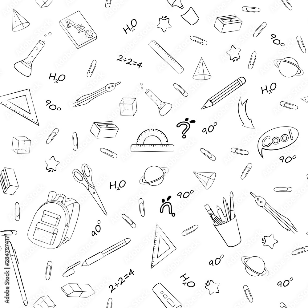 Monochrome vector seamless pattern with school supplies and stationery Monochrome vector seamless pattern with school supplies and stationery