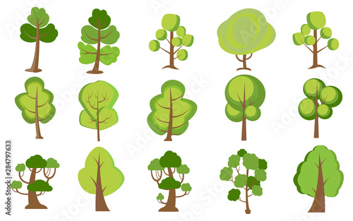 Set of cartoon trees. Green plants vector isolated icons