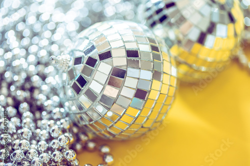 Sparkling disco ball in a day light. Concept of party.