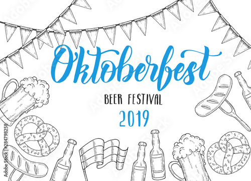 Oktoberfest celebration poster with hand made lettering. Beer festival 2019. Sketch. Oktoberfest design for menu, poster, banner, flyer, brochure