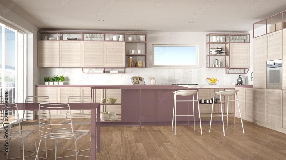 Penthouse minimalist kitchen interior design, lounge with sofa and ...