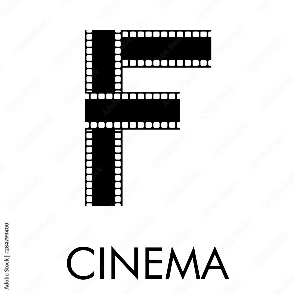 Logotipo con texto CINEMA con letra F como tira de película en color negro