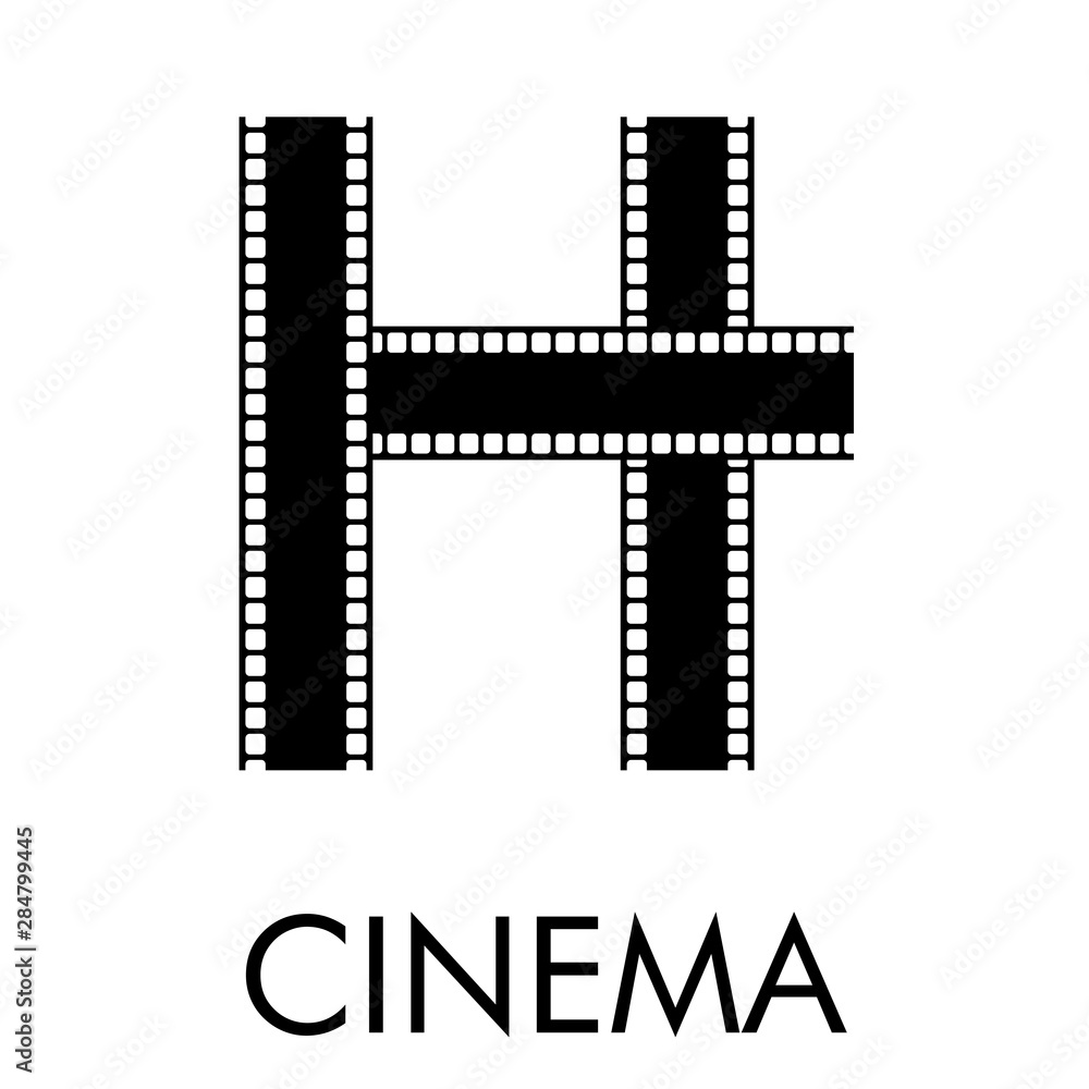 Logotipo con texto CINEMA con letra H como tira de película en color negro Logotipo con texto CINEMA con letra H como tira de película en color negro