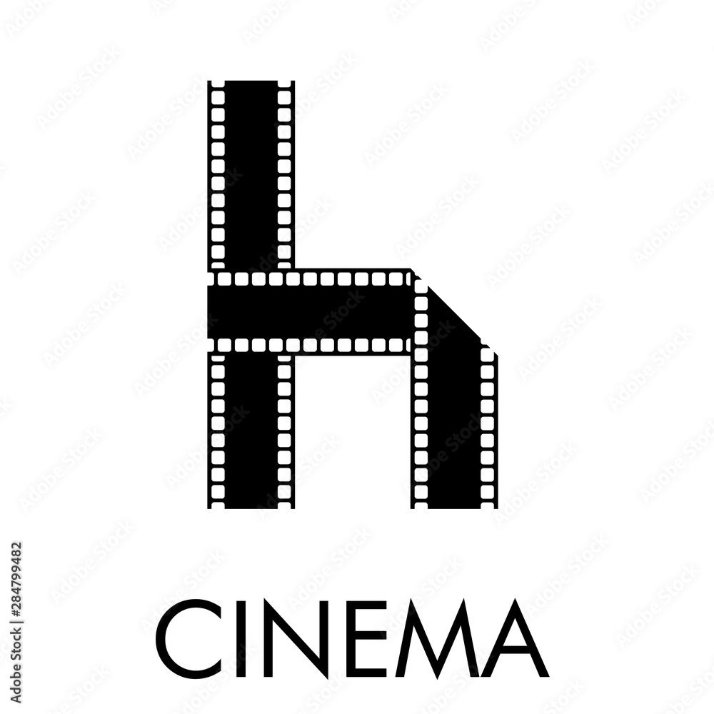 Logotipo con texto CINEMA con letra h como tira de película en color negro