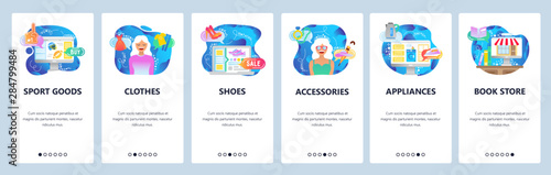 Mobile app onboarding screens. Online shopping, sport goods, book store, sale. Menu vector banner template for website and mobile development. Web site design flat illustration