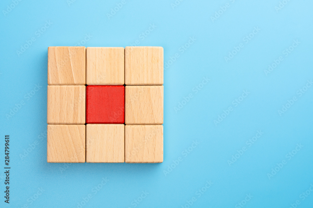 Leadership, Business team building concept, Red wooden block standing out from the group wooden blocks on blue background Leadership, Business team building concept, Red wooden block standing out from the group wooden blocks on blue background
