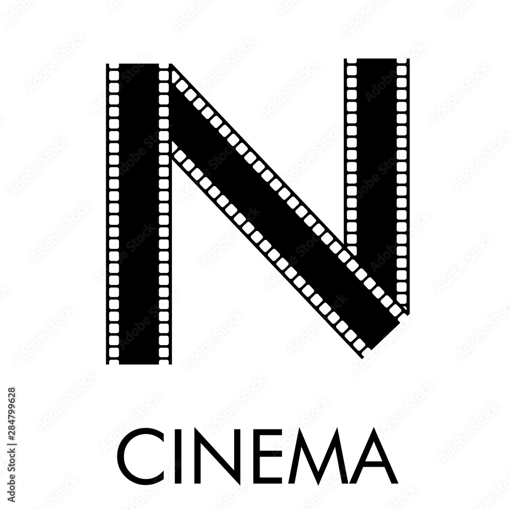 Logotipo con texto CINEMA con letra N como tira de película en color negro