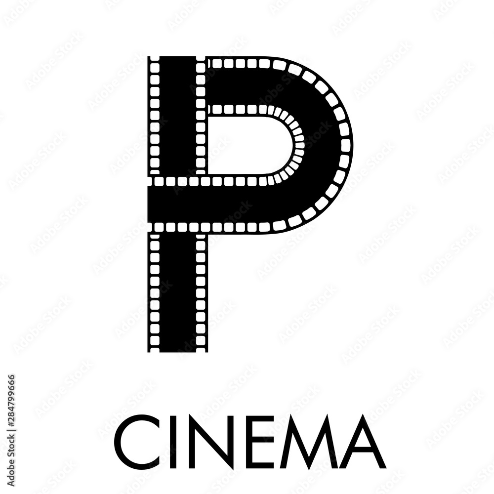 Logotipo con texto CINEMA con letra P como tira de película en color negro Logotipo con texto CINEMA con letra P como tira de película en color negro