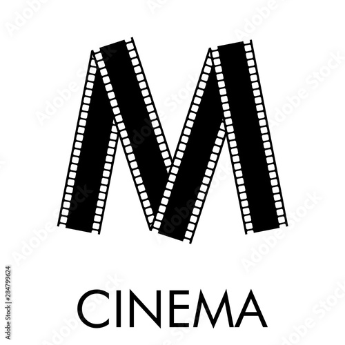 Logotipo con texto CINEMA con letra M como tira de película en color negro