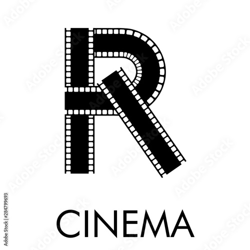 Logotipo con texto CINEMA con letra R como tira de película en color negro