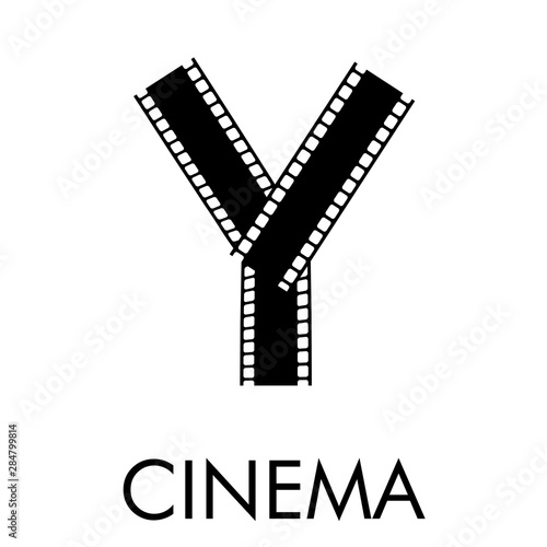 Logotipo con texto CINEMA con letra Y como tira de película en color negro