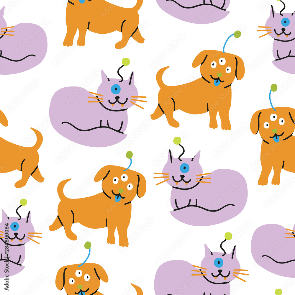 Alien cat and alien dog cute kids seamless pattern Alien cat and alien dog cute kids seamless pattern