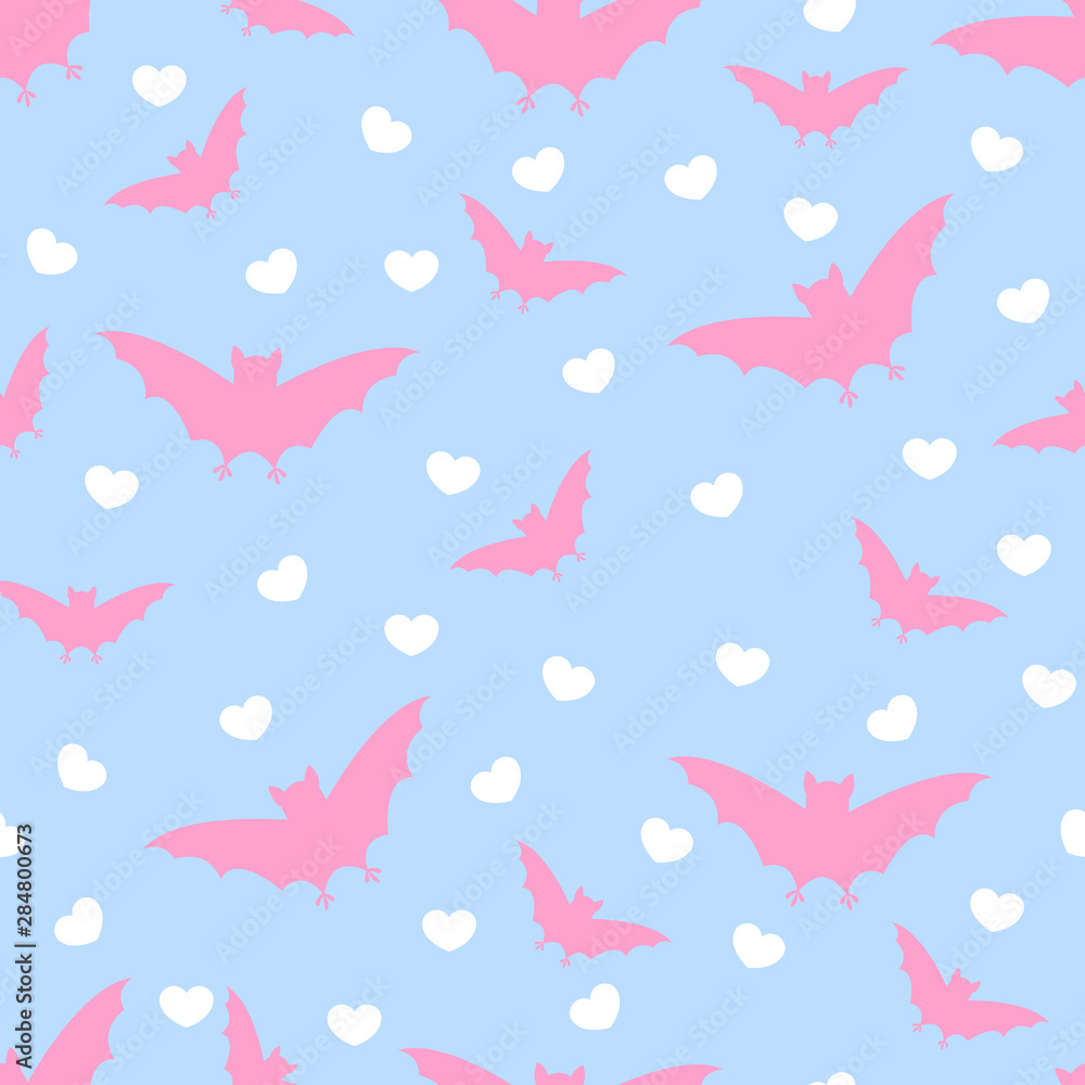 Vector seamless halloween pattern with hand draw silhouette of pastels pink bats on pastels blue background with white hearts for wrapping, textile or packaging Vector seamless halloween pattern with hand draw silhouette of pastels pink bats on pastels blue background with white hearts for wrapping, textile or packaging