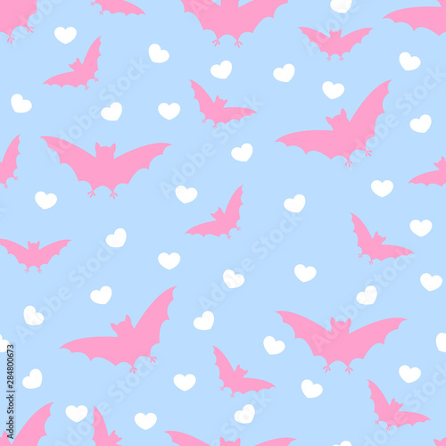 Vector seamless halloween pattern with hand draw silhouette of  pastels pink bats on pastels blue background with white hearts for wrapping, textile or packaging