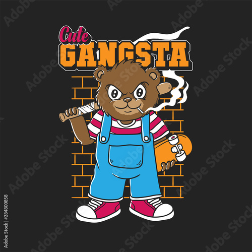 Cute Bear Skateboard Gangsta Illustration