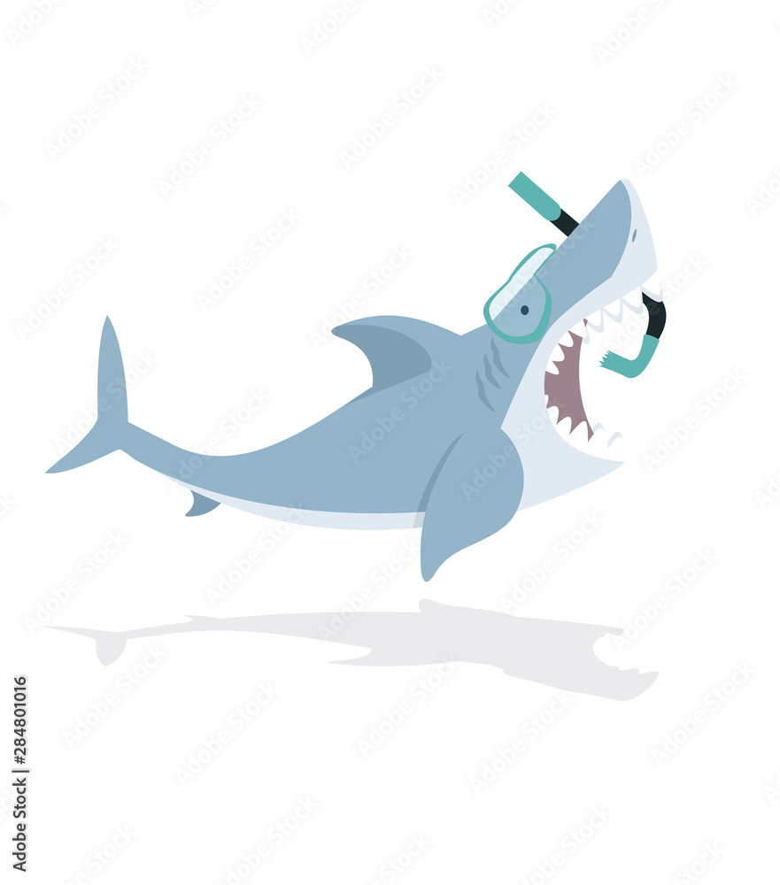 Obraz premium Cute flat Shark open mouth with diving equipment