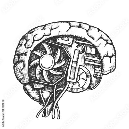 Ai Cyberntic Brain Side View Monochrome Vector. Motherboard, Cooler And Computer Details In Form Of Human Brain. Artificial Intelligence Designed In Retro Style Black And White Illustration