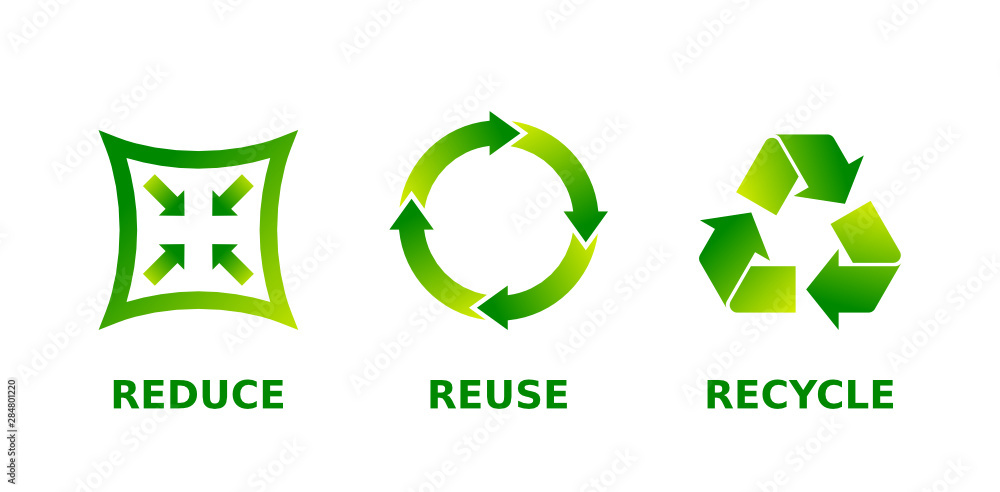 Reduce, reuse, recycle sign set. Three different green gradient recycle,  reduce, reuse icons. Ecology, sustainability, conscious consumerism, renew,  concept. Vector illustration, flat style, clip art. Stock Vector