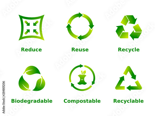 Reduce, reuse, recycle, biodegradable, compostable, recyclable, icon set. Six recycle green gradient signs on white background. Zero waste,ecofriendly,concept. Vector illustration,flat style,clip art.