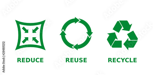 Reduce, reuse, recycle icon set. Ecology, zero waste, sustainability, conscious consumerism, renew, concept. Three different green recycle, reduce, reuse signs. Vector illustration,flat style,clip art photo