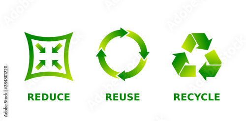 Reduce, reuse, recycle sign set. Three different green gradient recycle, reduce, reuse icons. Ecology, sustainability, conscious consumerism, renew, concept. Vector illustration, flat style, clip art.