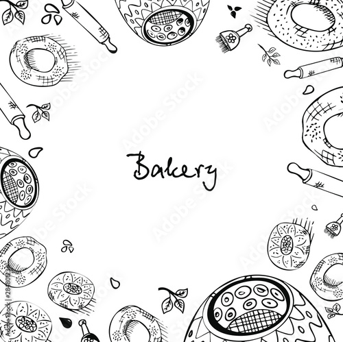 Freehand drawn sketches of tandoor bakery products and tools for their preparation with background/ Vector