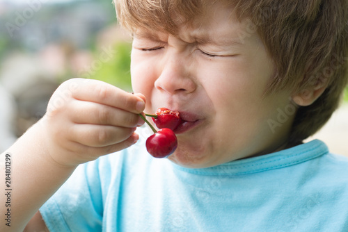 Sour. Sour taste. A child tastes a cherry. Ripe harvest. Vitamins. Sour cherry. photo
