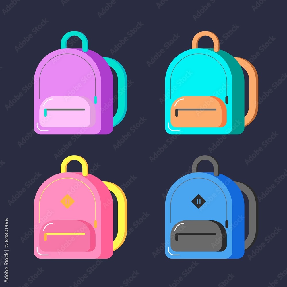Coloreв back to school backpack. Education and study schoolbag luggage, rucksack vector illustration. Kids school bag with education equipment. vector illustration. web banner, flyer, poster, clip art Coloreв back to school backpack. Education and study schoolbag luggage, rucksack vector illustration. Kids school bag with education equipment. vector illustration. web banner, flyer, poster, clip art