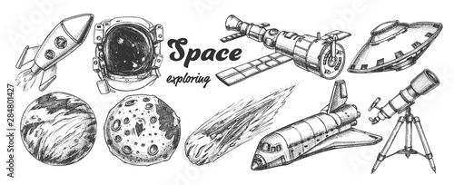 Collection Of Space Exploring Elements Set Vector. Space Rocket And Shuttle, Satellite And Ufo, Asteroid And Exposure Suit, Planet And Telescope. Hand Drawn In Vintage Style Monochrome Illustrations © PikePicture