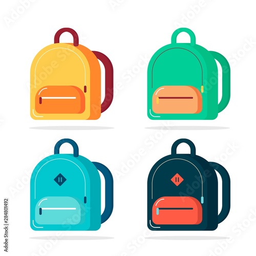 Coloreв back to school backpack. Education and study schoolbag luggage, rucksack vector illustration. Kids school bag with education equipment. vector illustration. web banner, flyer, poster, clip art